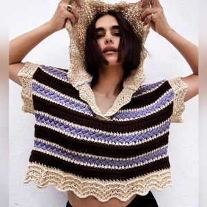 New Zara Crochet Knit Hooded Short Sleeve Sweater